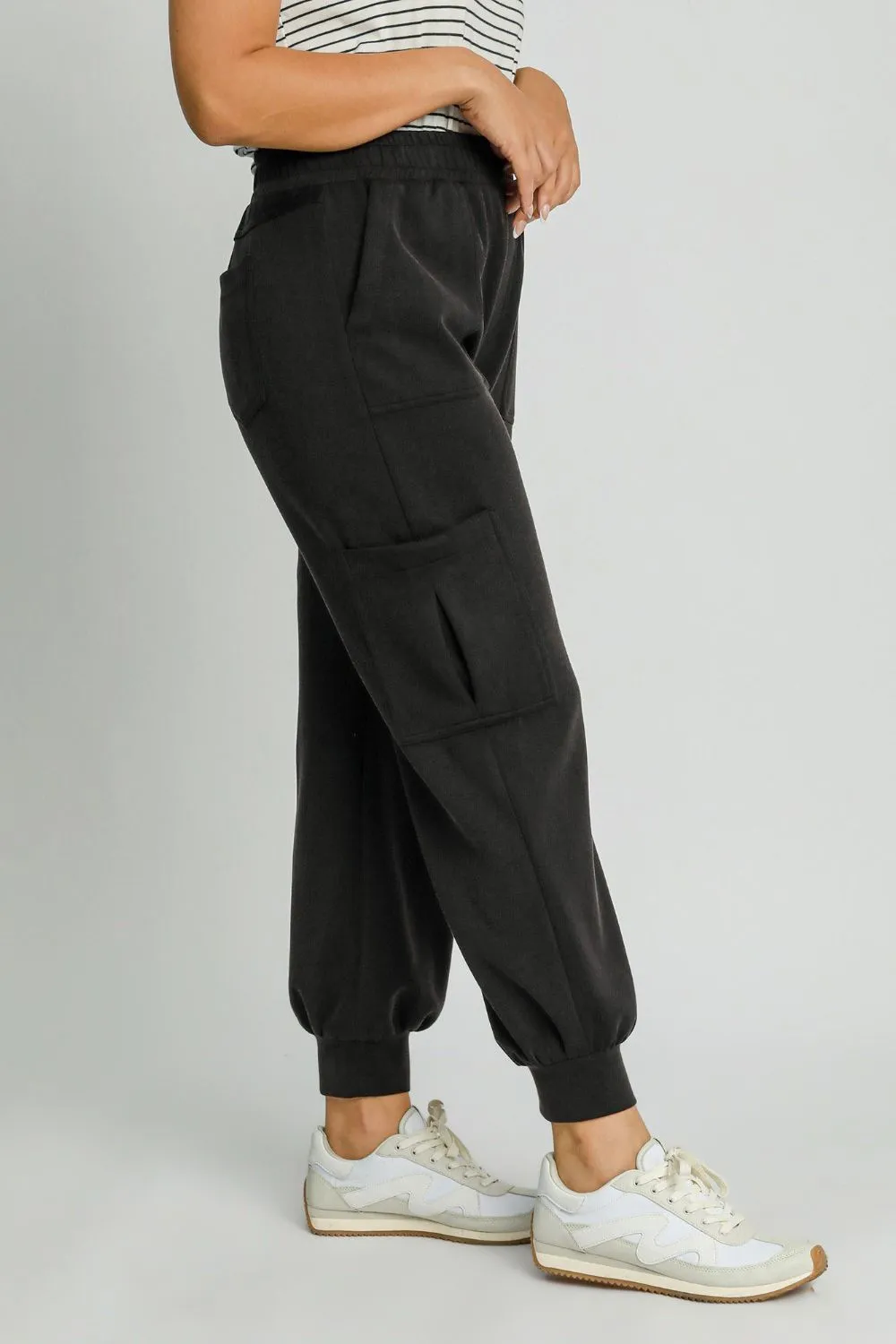 Umgee Mineral Washed Elastic Waist Cargo Pants (Plus Size)