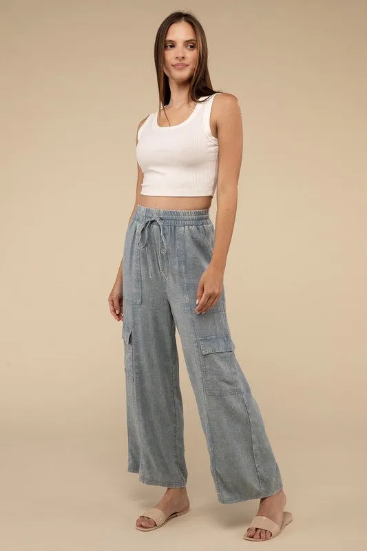 Washed Linen Elastic Band Waist Cargo Pants, Zenana (various colors)