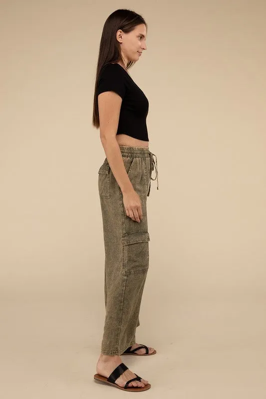 Washed Linen Elastic Band Waist Cargo Pants, Zenana (various colors)