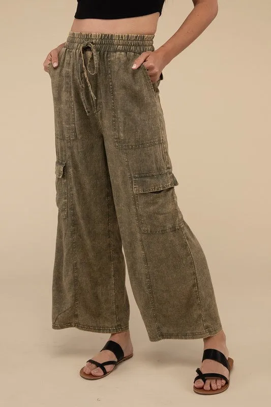 Washed Linen Elastic Band Waist Cargo Pants, Zenana (various colors)