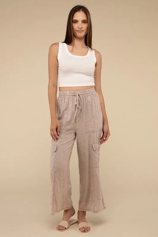 Washed Linen Elastic Band Waist Cargo Pants, Zenana (various colors)