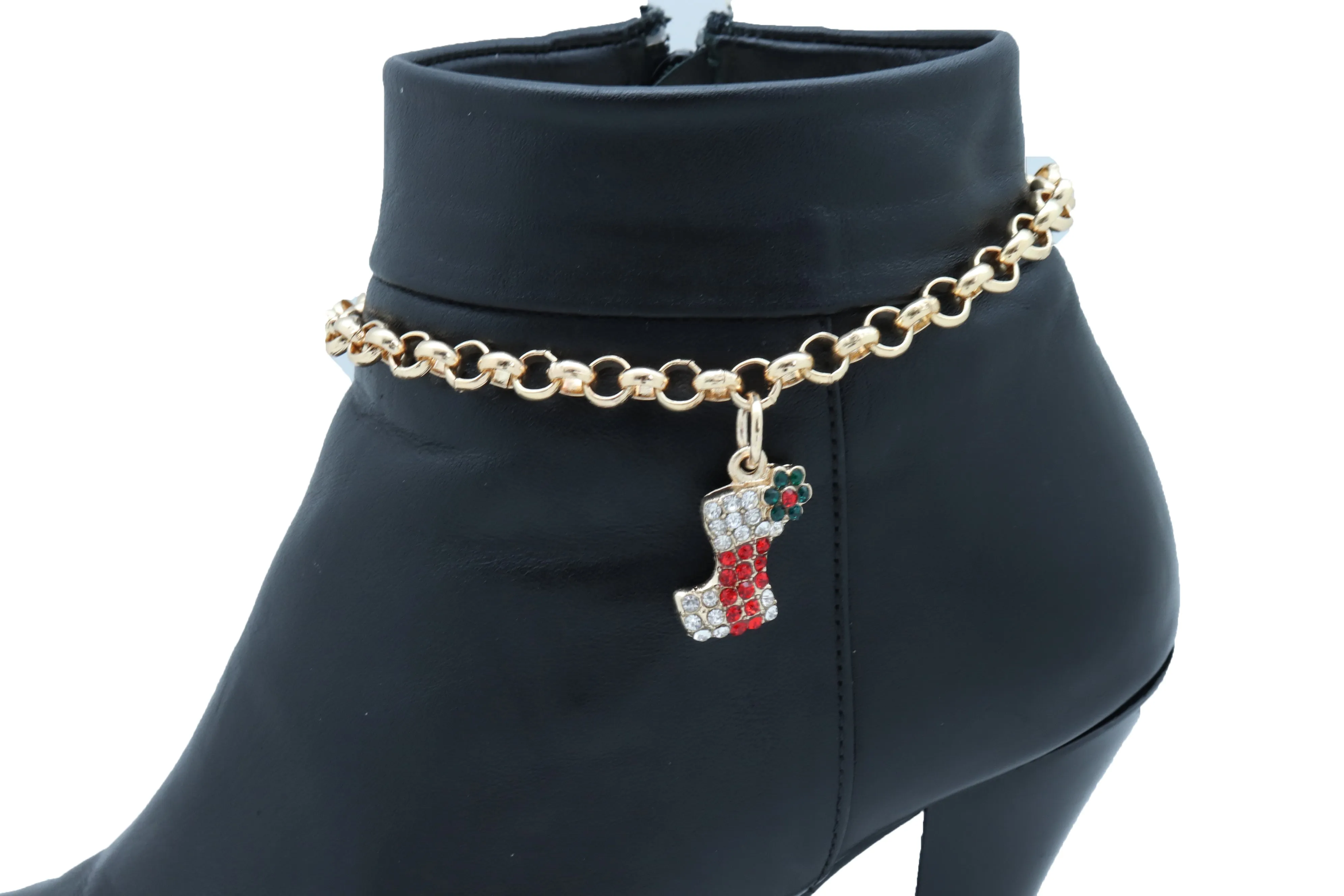 Women Gold Metal Chain Boot Bracelet Shoe Anklet Holiday Stocking Bling Charm Adjustable One Size Band
