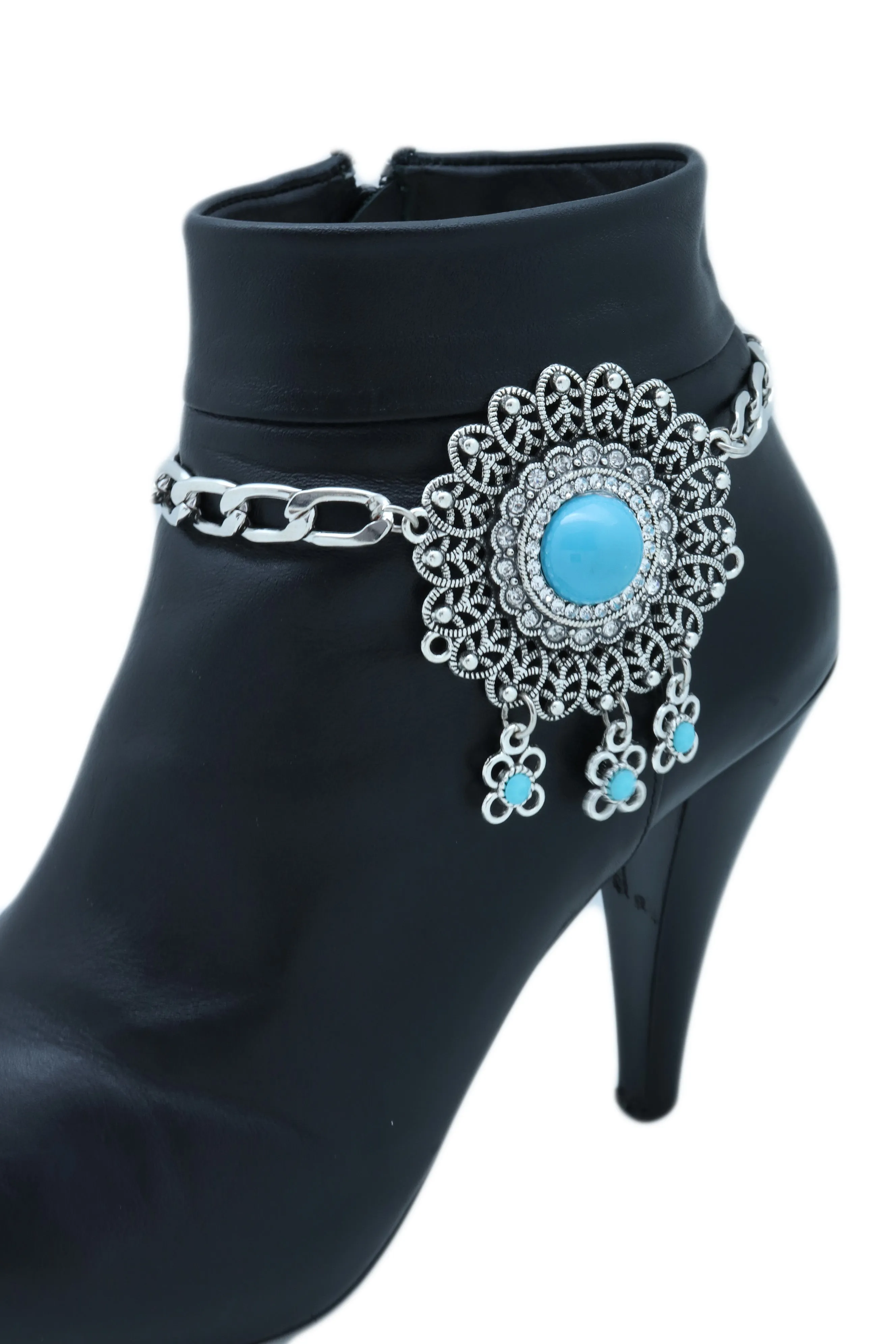 Women Silver Metal Boot Chain Bracelet Shoe Anklet Turquoise Blue Flower Charm Adjustable One Size