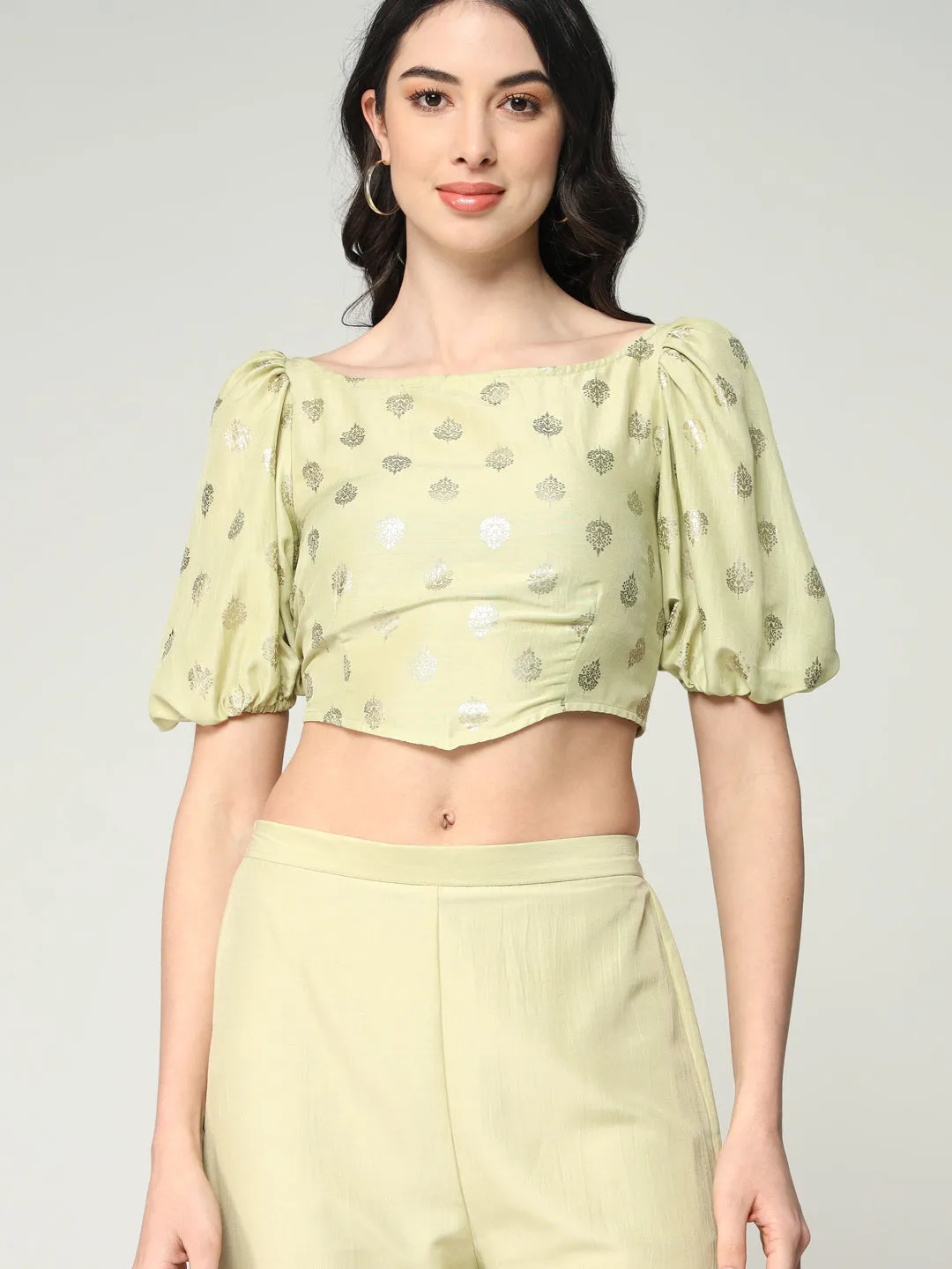 Women's Foil Printed Crop Top With Matching Solid Stylish Pant Set