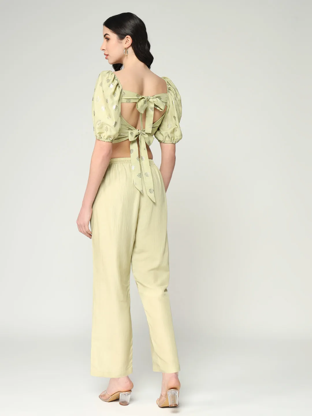 Women's Foil Printed Crop Top With Matching Solid Stylish Pant Set