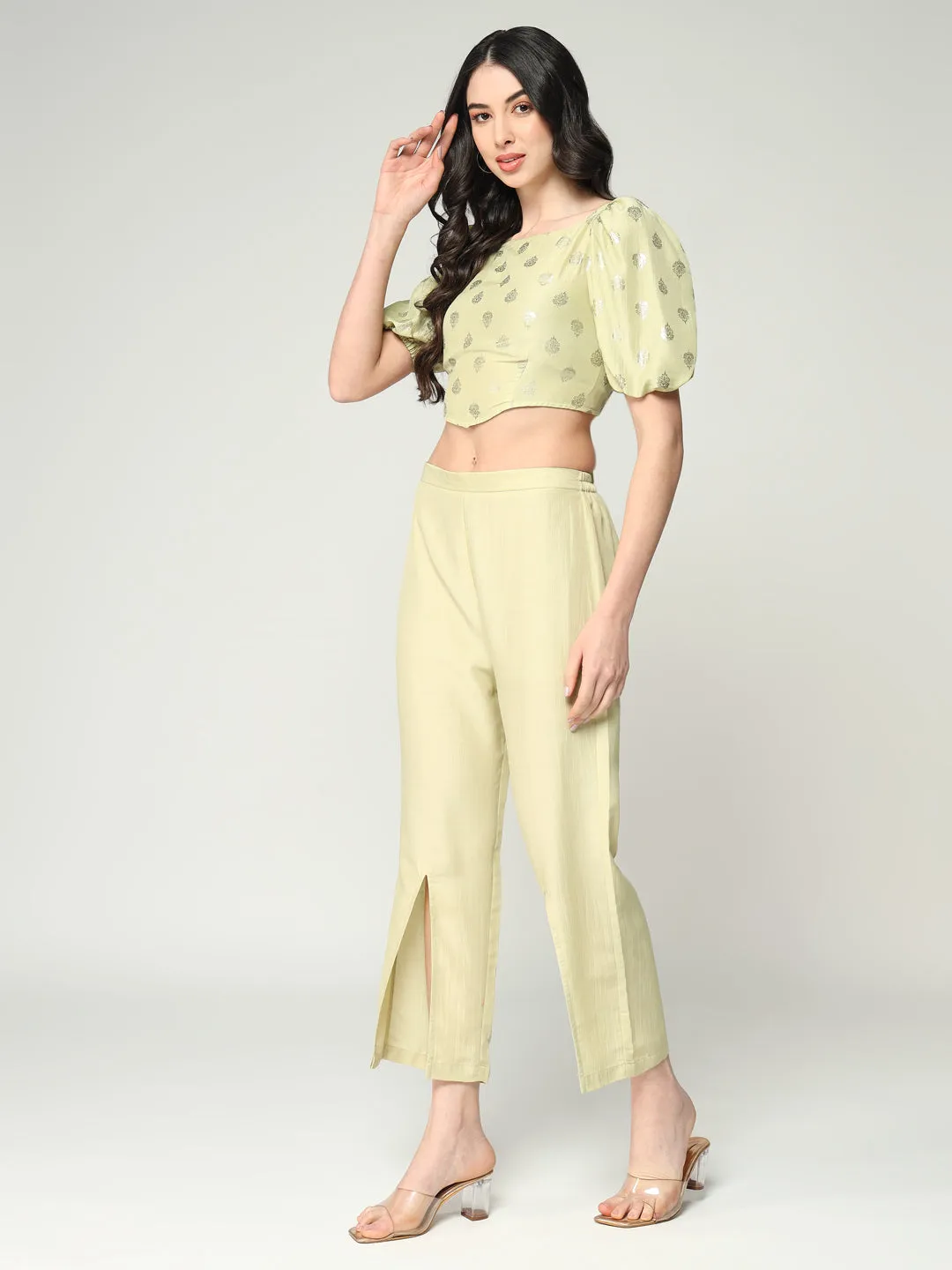 Women's Foil Printed Crop Top With Matching Solid Stylish Pant Set