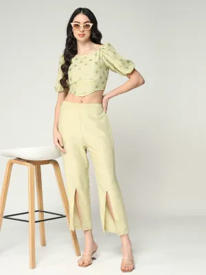 Women's Foil Printed Crop Top With Matching Solid Stylish Pant Set