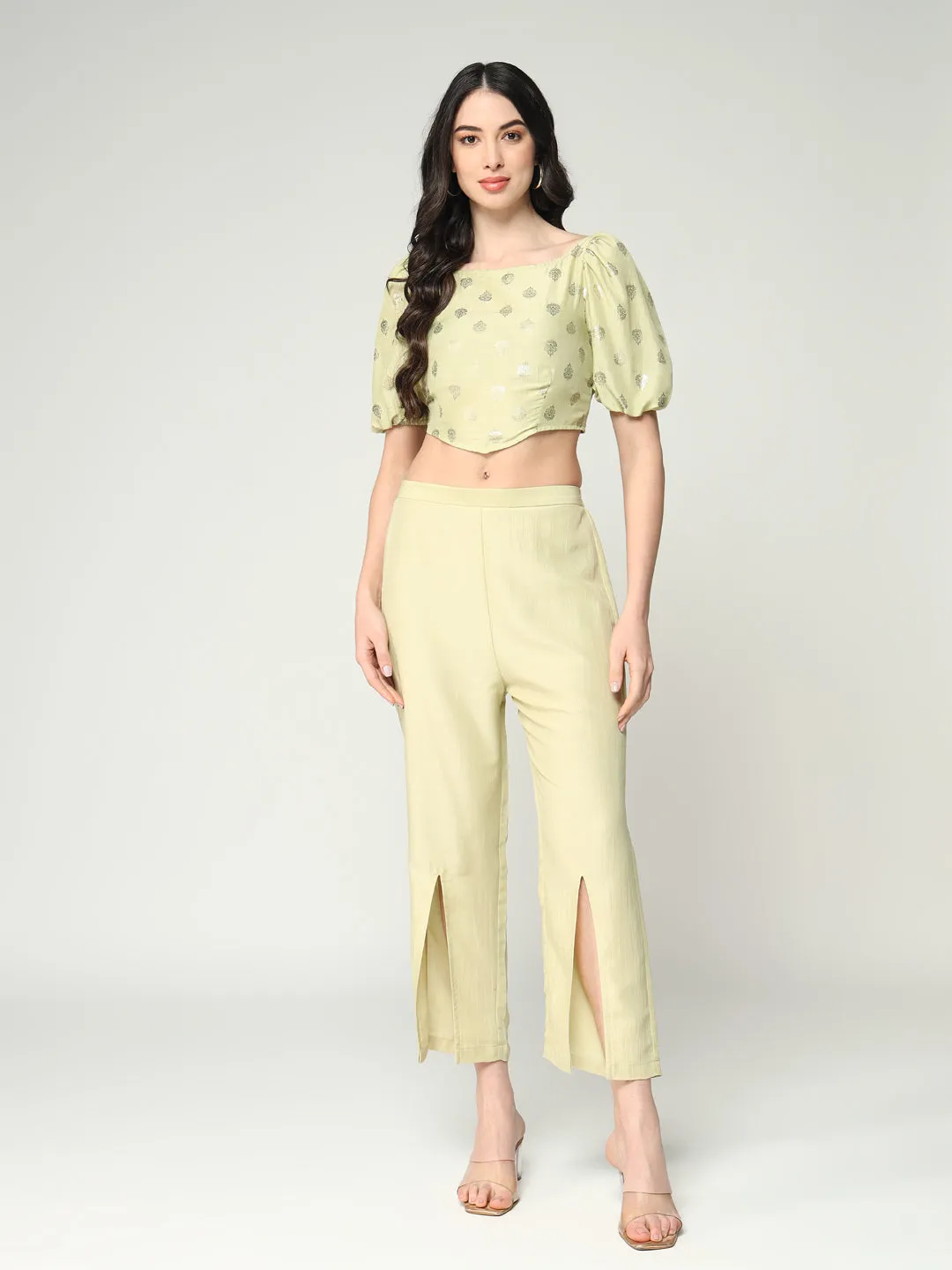 Women's Foil Printed Crop Top With Matching Solid Stylish Pant Set