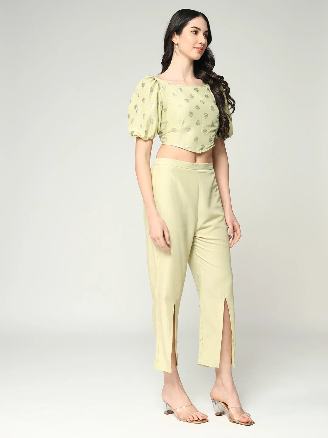 Women's Foil Printed Crop Top With Matching Solid Stylish Pant Set