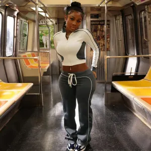 Women's "Color Patched" Tracksuit Two-Piece Set – Sporty Stylish for Spring/Autumn/Winter