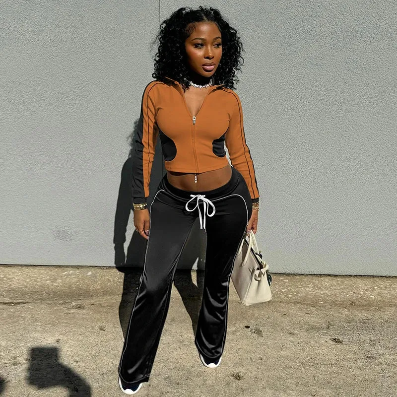 Women's "Color Patched" Tracksuit Two-Piece Set – Sporty Stylish for Spring/Autumn/Winter