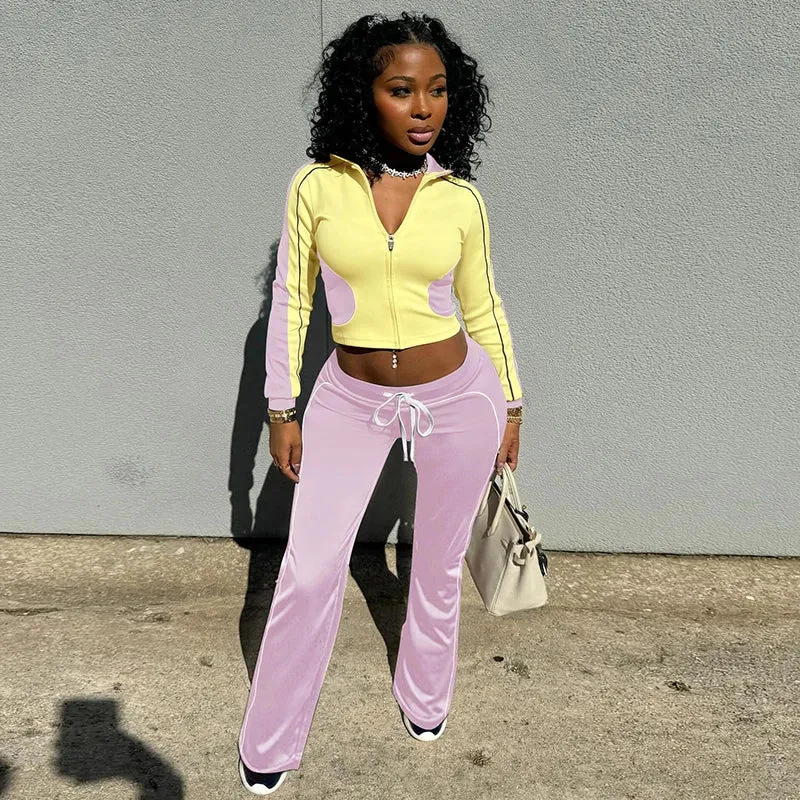 Women's "Color Patched" Tracksuit Two-Piece Set – Sporty Stylish for Spring/Autumn/Winter